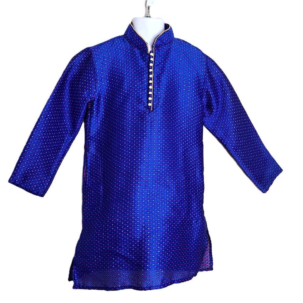 Aziz Fashion Boys Blue Kurta Tunic Woven Metallic Pattern Sz 24 Ethnic Diwali